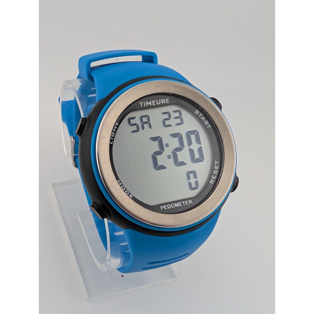 Timure Pedometer Digital Watch 47mm Case Blue Band Backlight- New Battery